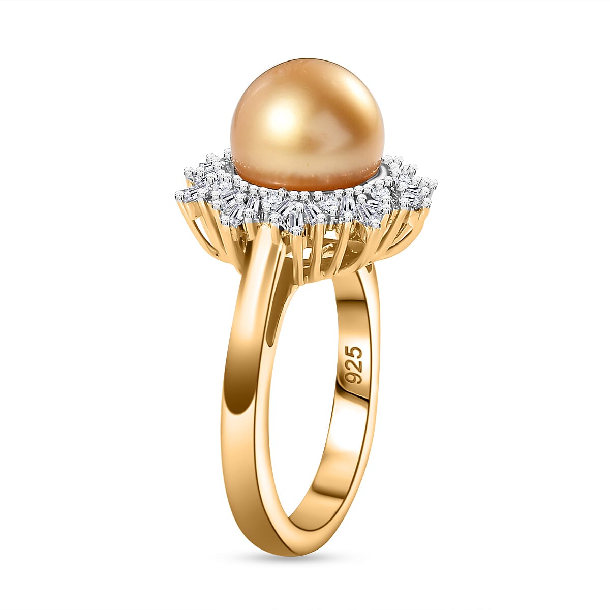 Golden South Sea Pearl, White Diamond Solitaire Ring in 18K Vermeil Yellow Gold Plated Ct 6.83.