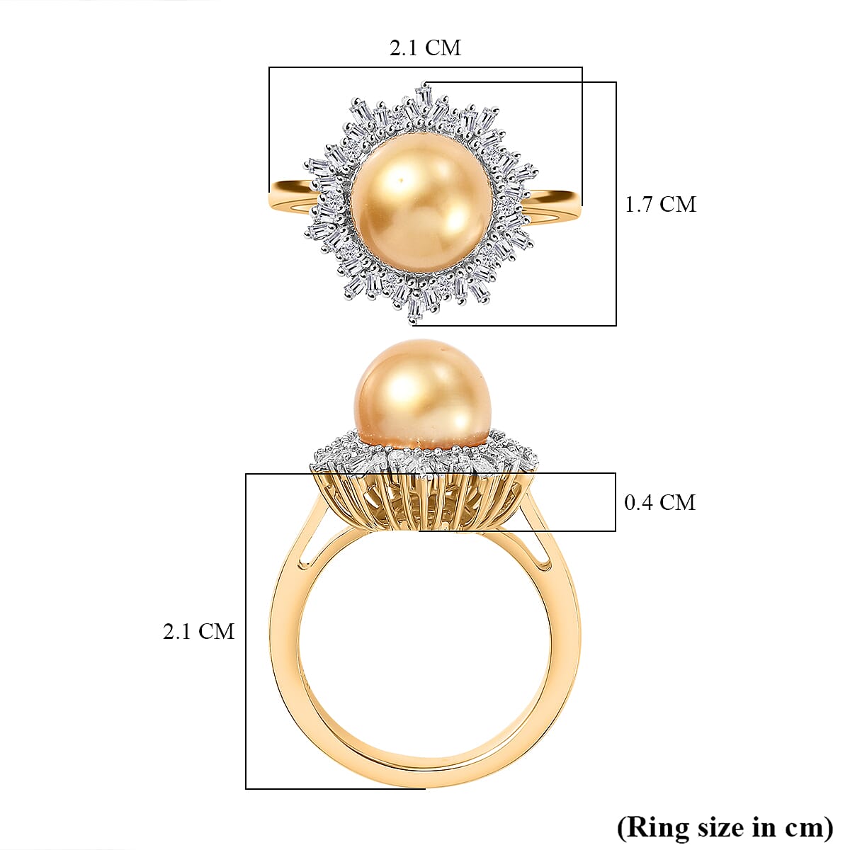 Golden South Sea Pearl, White Diamond Solitaire Ring in 18K Vermeil Yellow Gold Plated Ct 6.83.