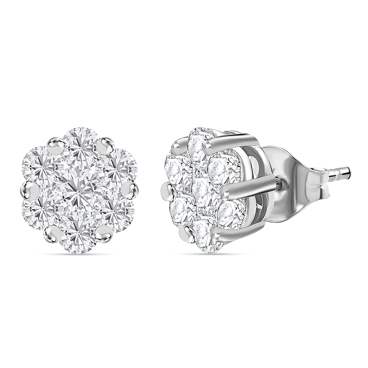 J Francis - Swarovski Zirconia - Cluster Earring With Push BAck in Rhodium Overlay Sterling Silver 1.60 Ct.
