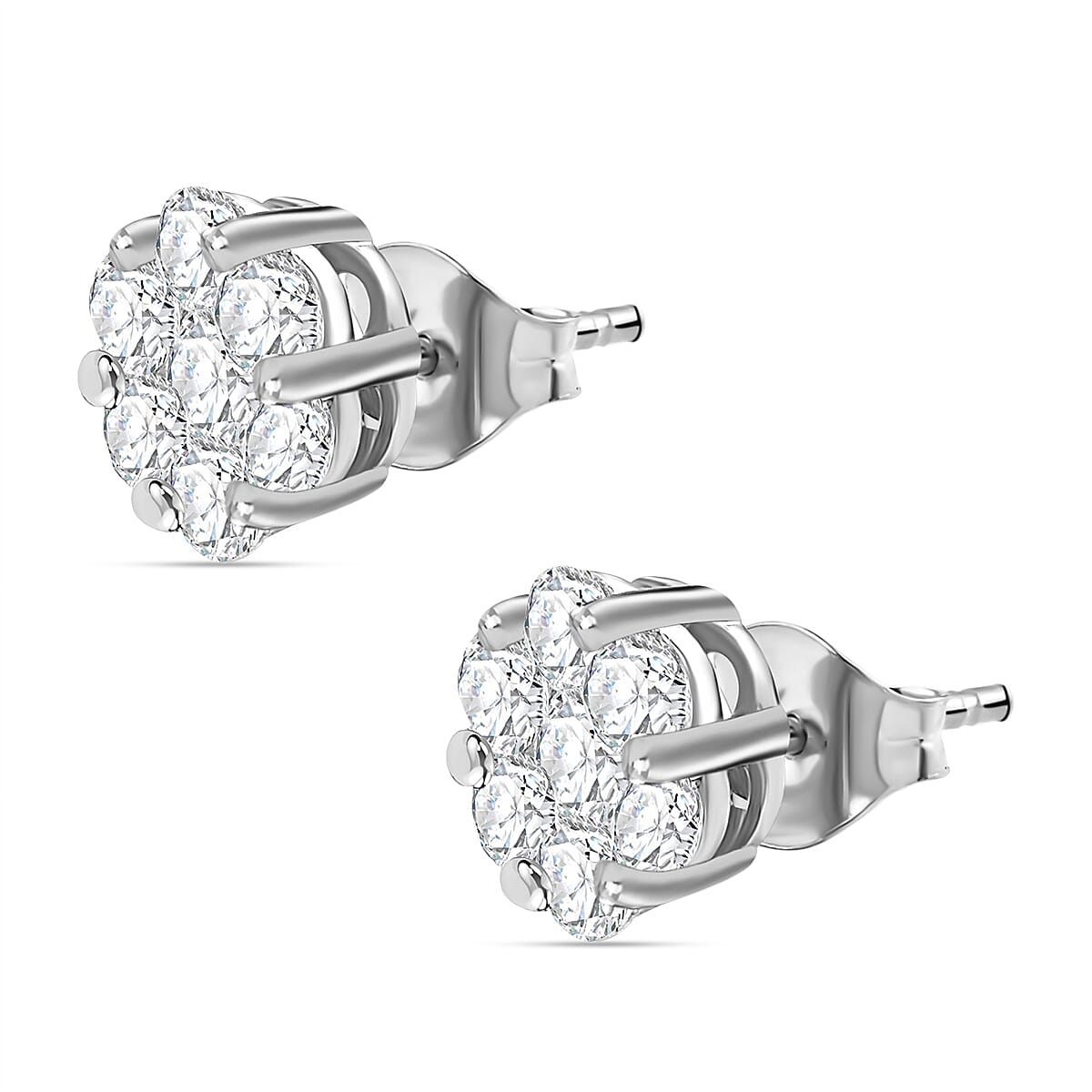 J Francis - Swarovski Zirconia - Cluster Earring With Push BAck in Rhodium Overlay Sterling Silver 1.60 Ct.