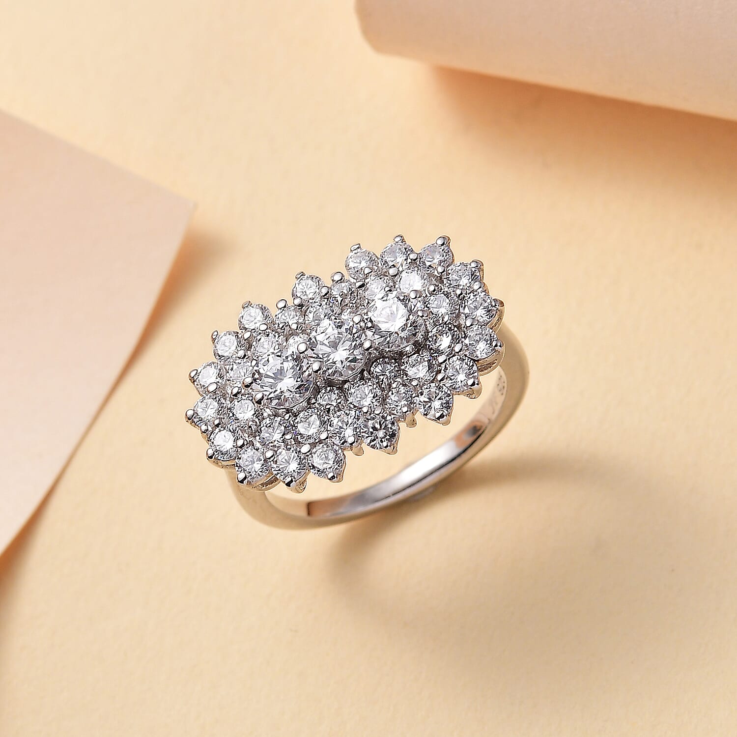 J Francis - Swarovski Zirconia Cluster Boat Ring in Rhodium Overlay Sterling Silver 4.06 Ct.