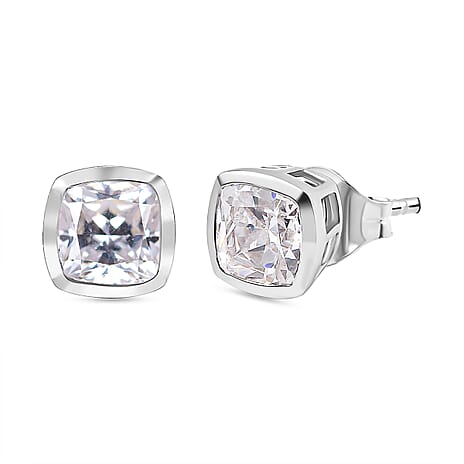 J Francis - Swarovski Zirconia Solitaire Stud Earring With Push Back in Rhodium Overlay Sterling Silver 6.22 Ct.