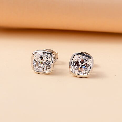 J Francis - Swarovski Zirconia Solitaire Stud Earring With Push Back in Rhodium Overlay Sterling Silver 6.22 Ct.