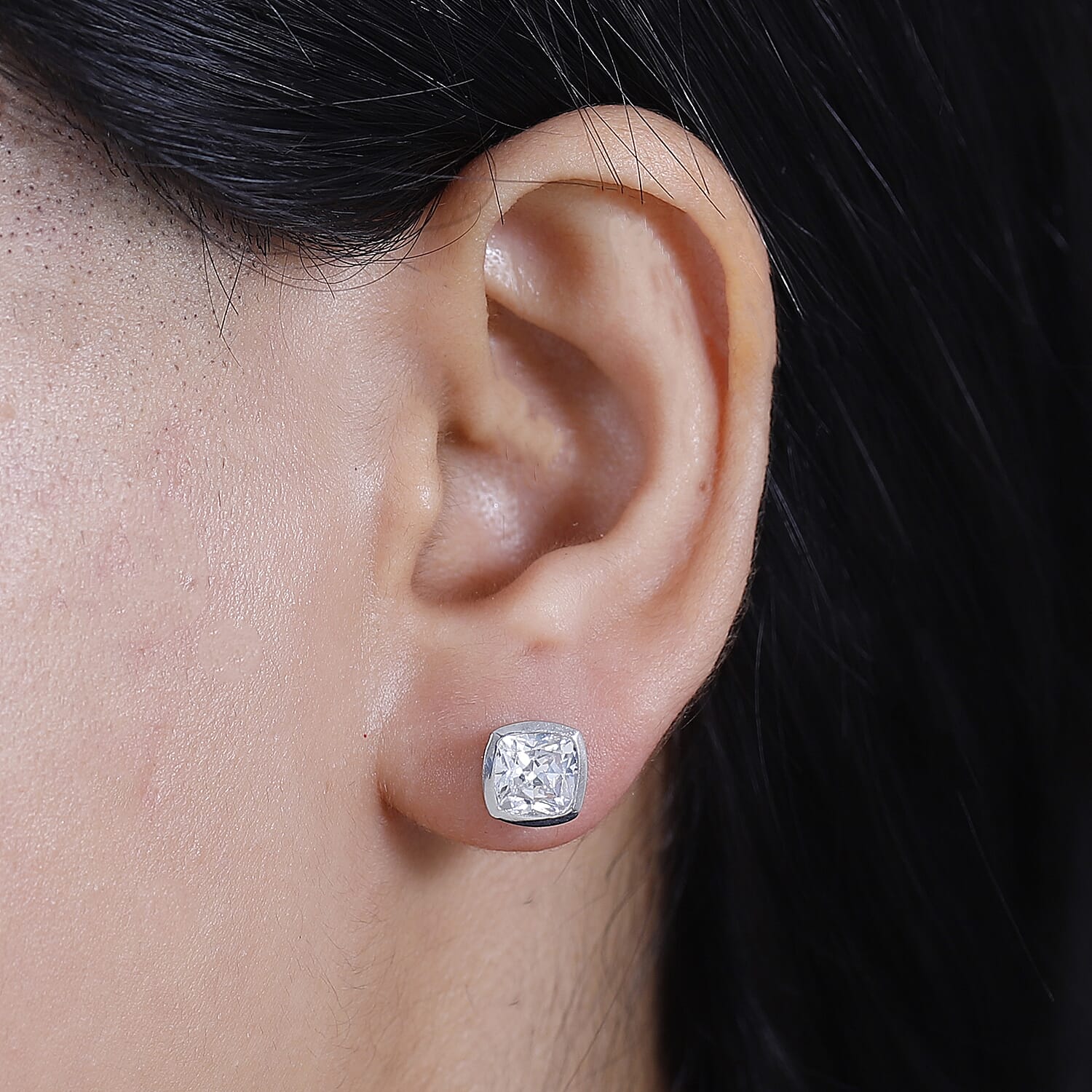 J Francis - Swarovski Zirconia Solitaire Stud Earring With Push Back in Rhodium Overlay Sterling Silver 6.22 Ct.