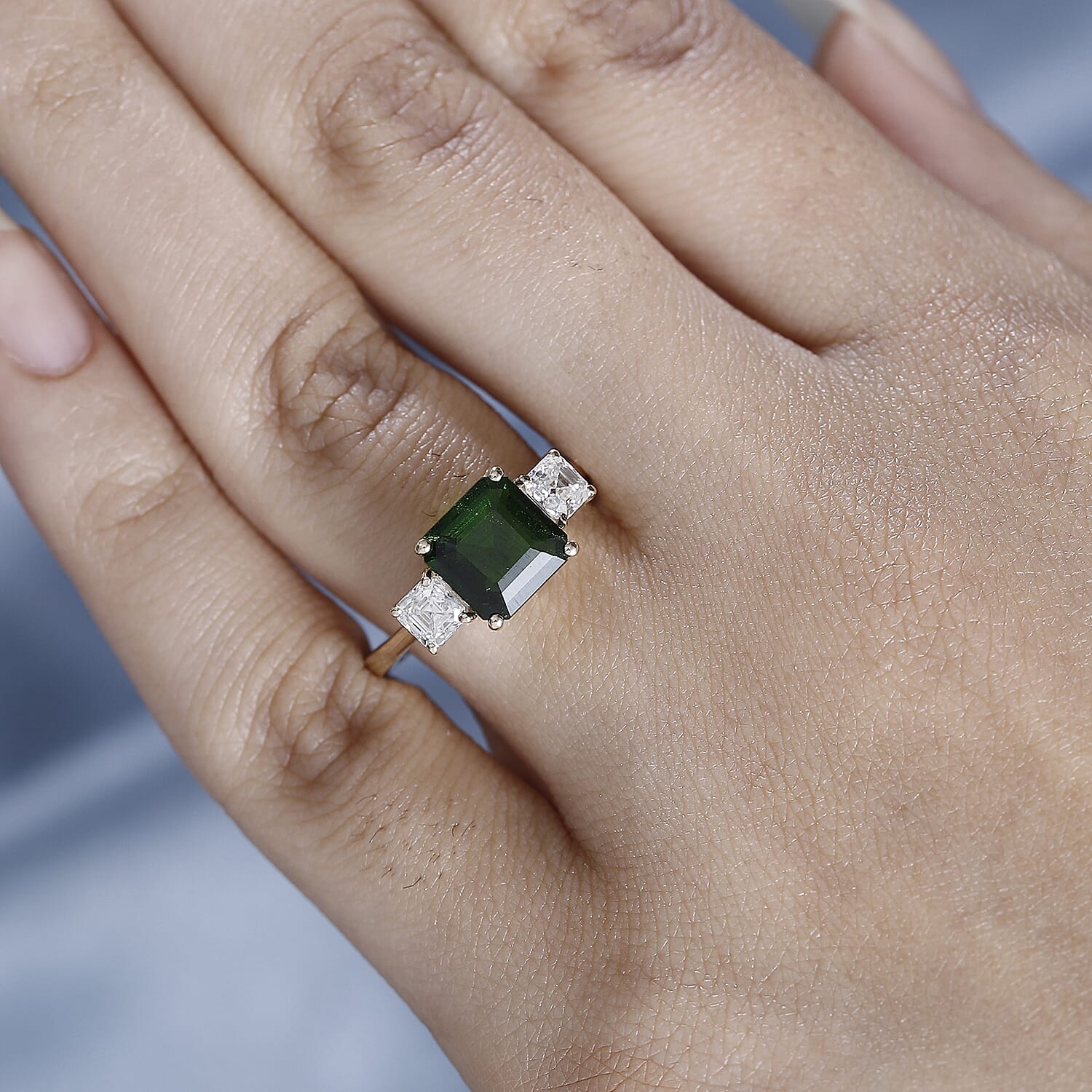 9K Yellow Gold Natural Chrome Diopside & Moissanite Solitaire Ring 3.16 Ct. 9K Yellow Gold Natural Chrome Diopside & Moissanite Solitaire Ring 3.16 Ct.