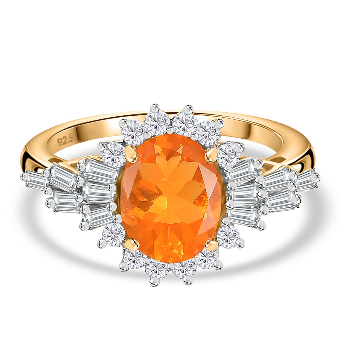 Fire Opal, White Zircon  Main Stone With Side Stone Ring in 18K  Vermeil Yellow Gold Plated Ct 2.21.