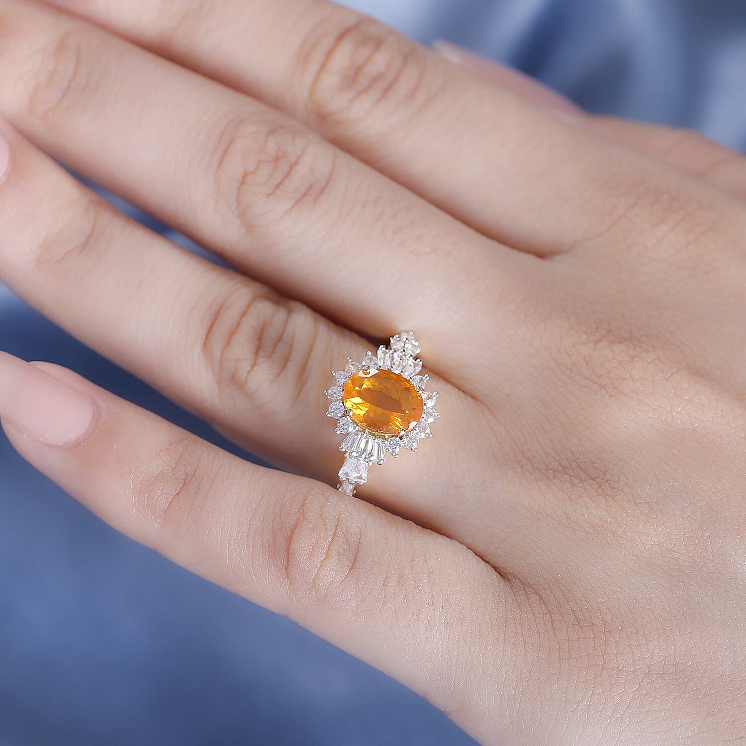Fire Opal, White Zircon  Main Stone With Side Stone Ring in 18K  Vermeil Yellow Gold Plated Ct 2.21.