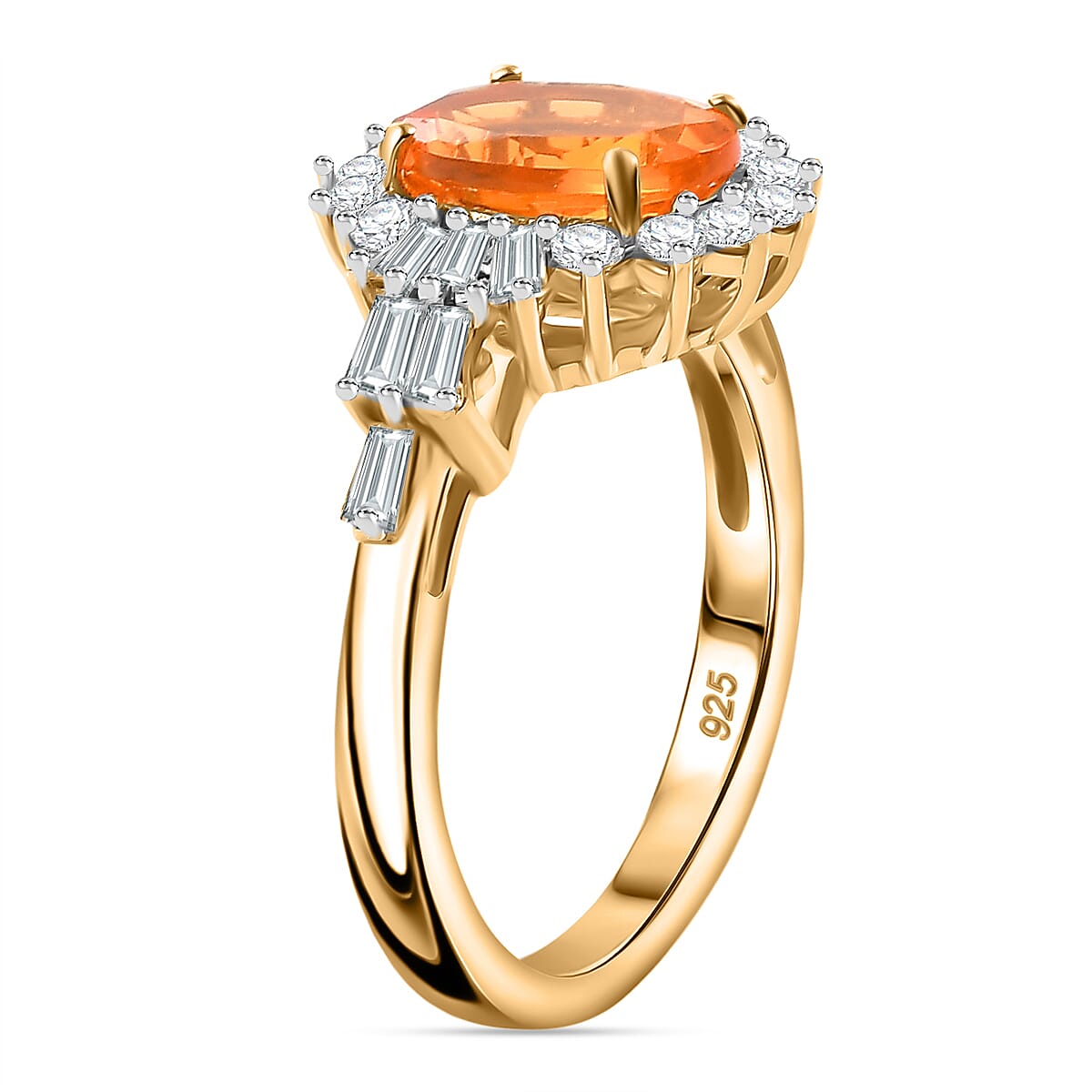 Fire Opal, White Zircon  Main Stone With Side Stone Ring in 18K  Vermeil Yellow Gold Plated Ct 2.21.
