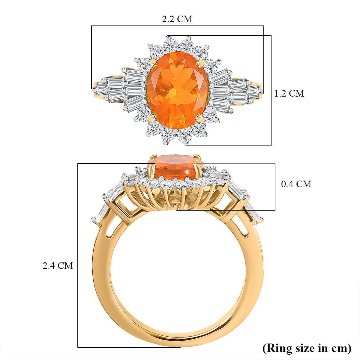 Fire Opal, White Zircon  Main Stone With Side Stone Ring in 18K  Vermeil Yellow Gold Plated Ct 2.21.