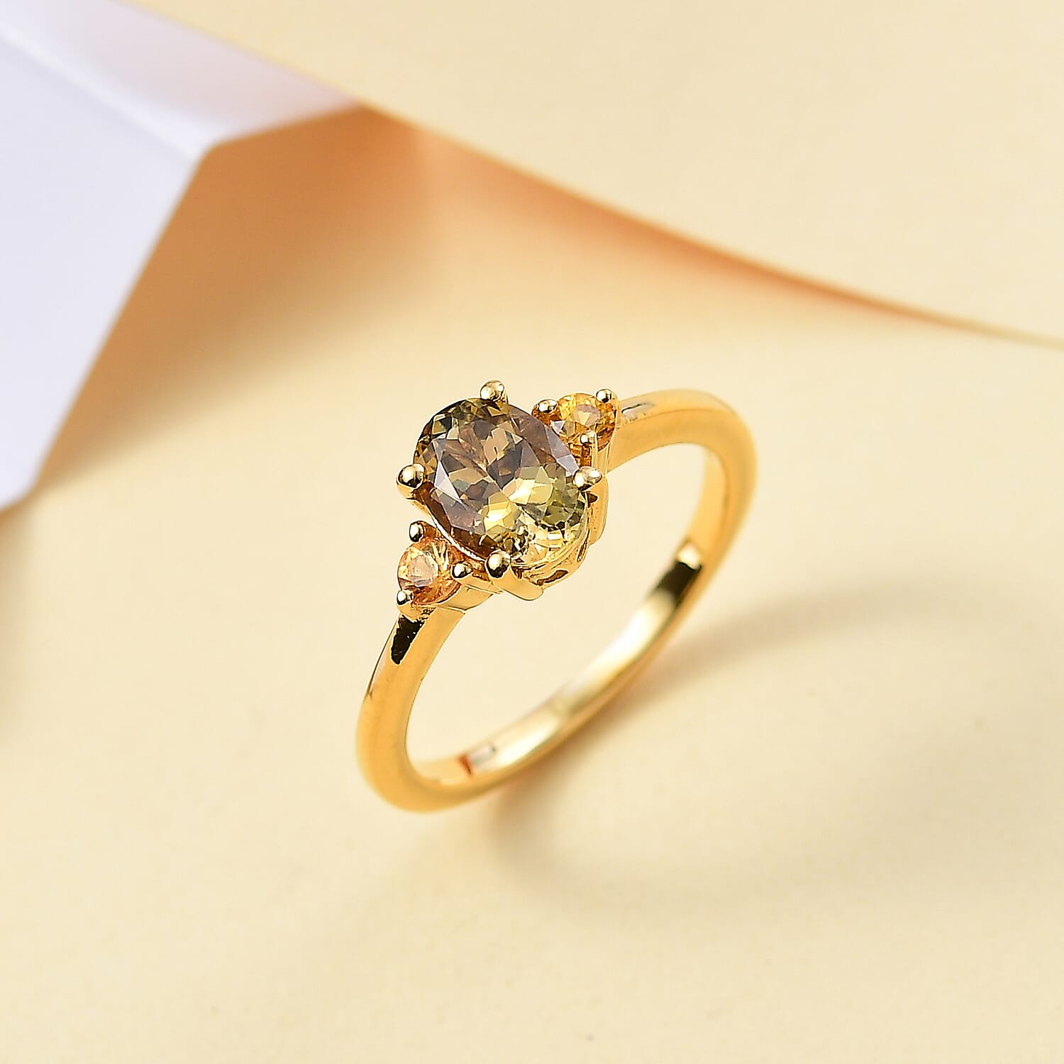Natural Golden Tanzanite, Yellow Sapphire Ring in 18K Vermeil Yellow Gold Plated Sterling Silver 1.21 Ct.
