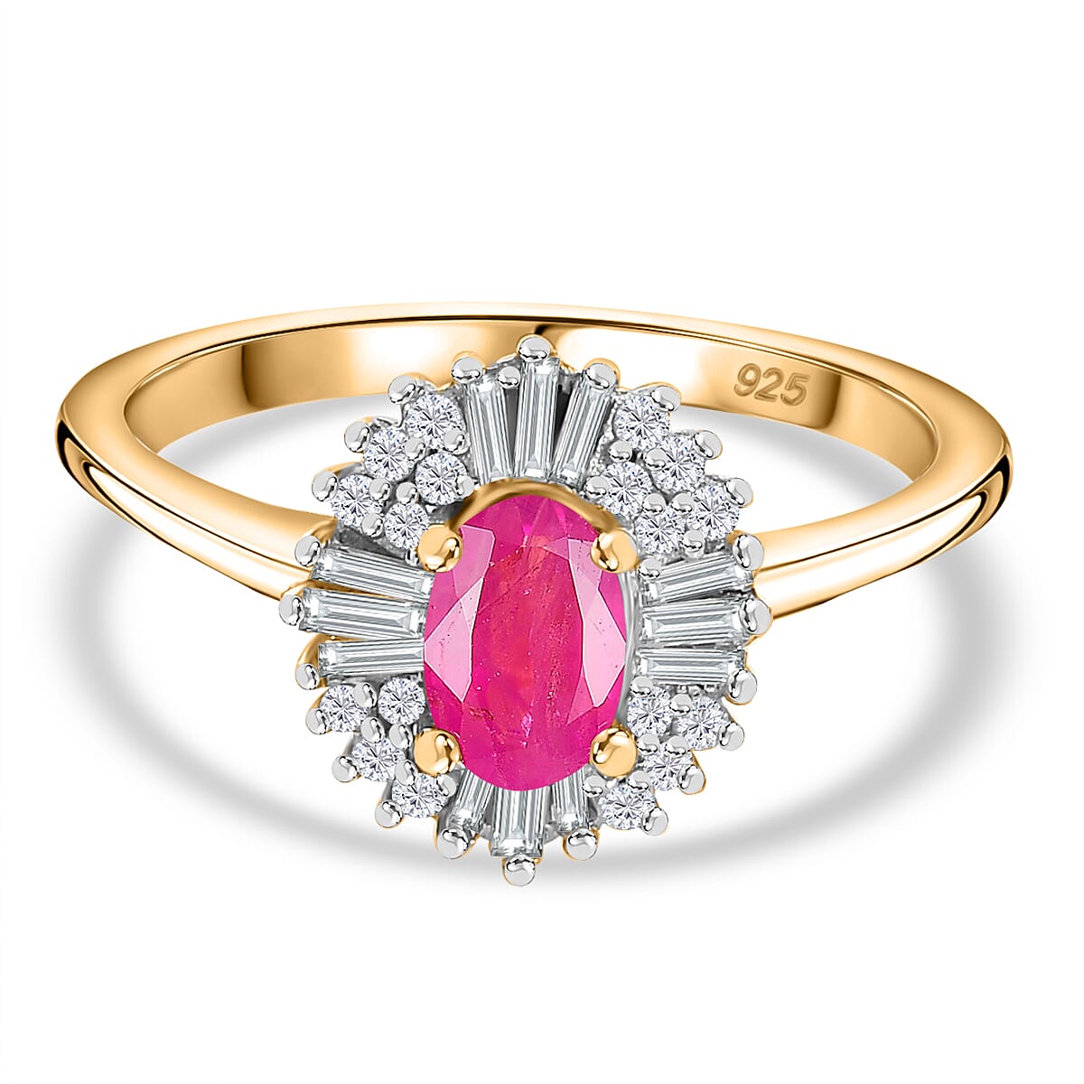Montepuez Ruby, White Diamond Main Stone With Side Stone Ring in 18K Vermeil Yellow Gold Plated 0.852 Ct.