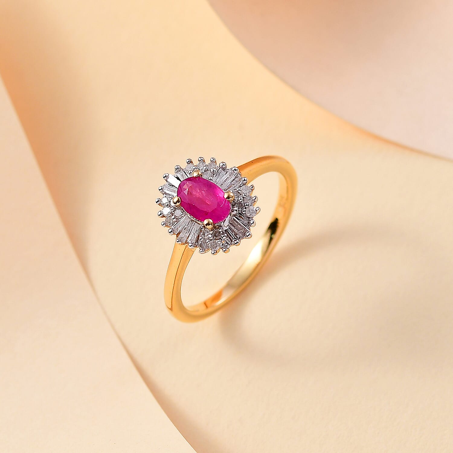 Montepuez Ruby, White Diamond Main Stone With Side Stone Ring in 18K Vermeil Yellow Gold Plated 0.852 Ct.