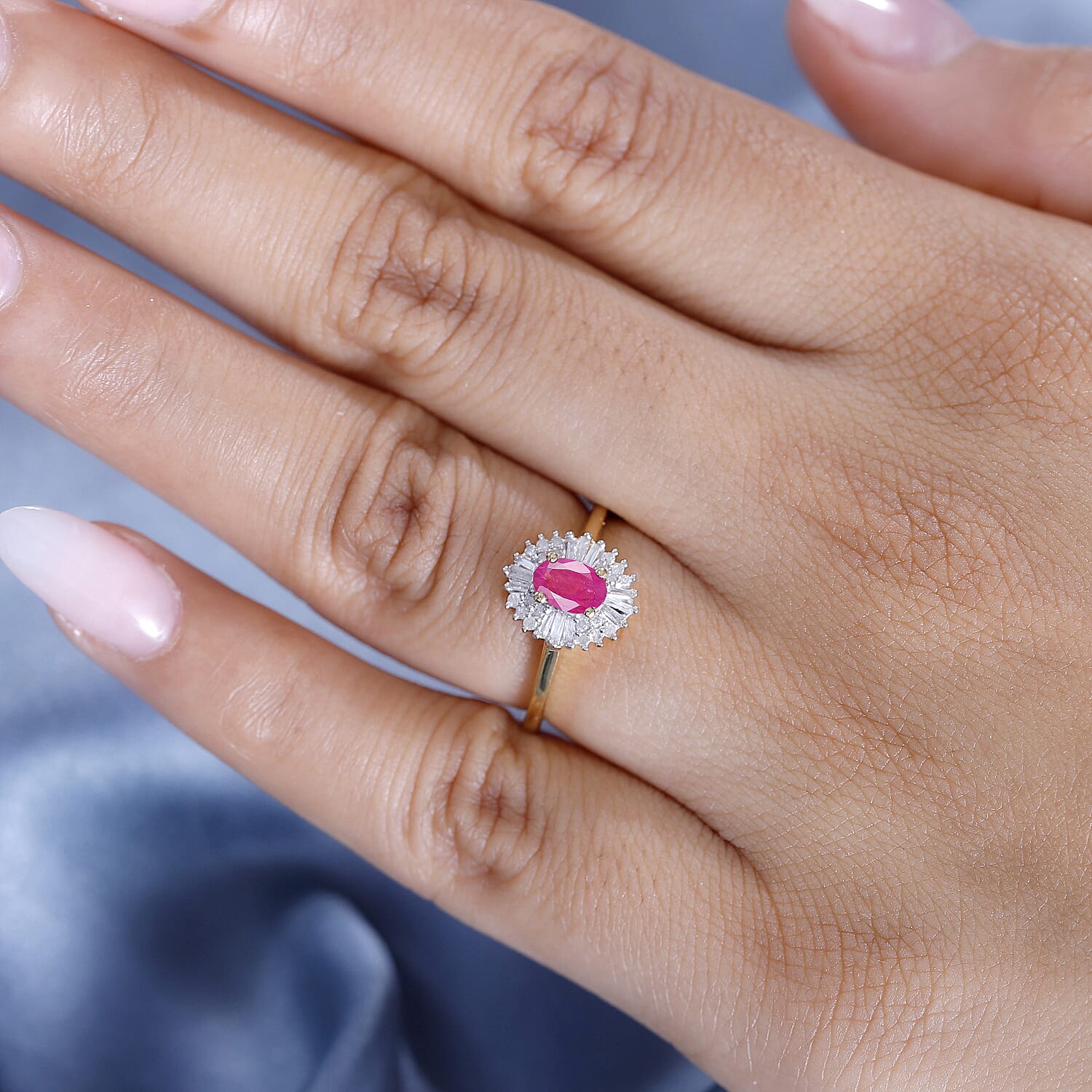 Montepuez Ruby, White Diamond Main Stone With Side Stone Ring in 18K Vermeil Yellow Gold Plated 0.852 Ct.