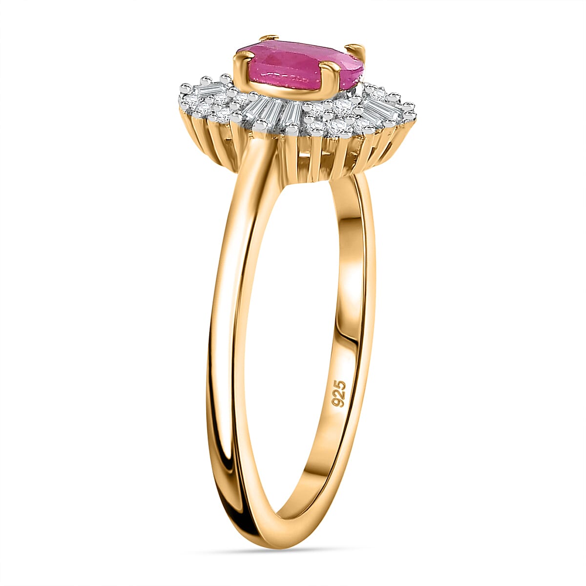 Montepuez Ruby, White Diamond Main Stone With Side Stone Ring in 18K Vermeil Yellow Gold Plated 0.852 Ct.