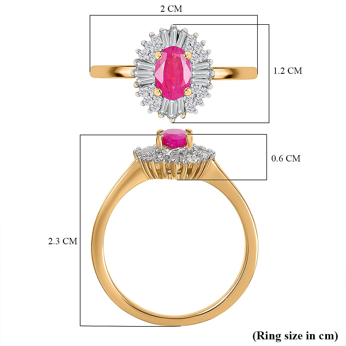 Montepuez Ruby, White Diamond Main Stone With Side Stone Ring in 18K Vermeil Yellow Gold Plated 0.852 Ct.