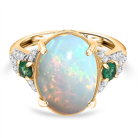 9K Yellow Gold 4.66 Ct AA Ethiopian Opal, Emerald, and Moissanite Ring