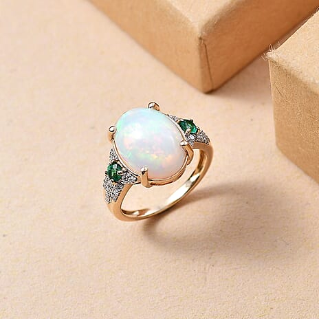 9K Yellow Gold  AA Ethiopian Opal,Emerald,Moissanite Main Stone With Side Stone Ring 4.66 Ct
