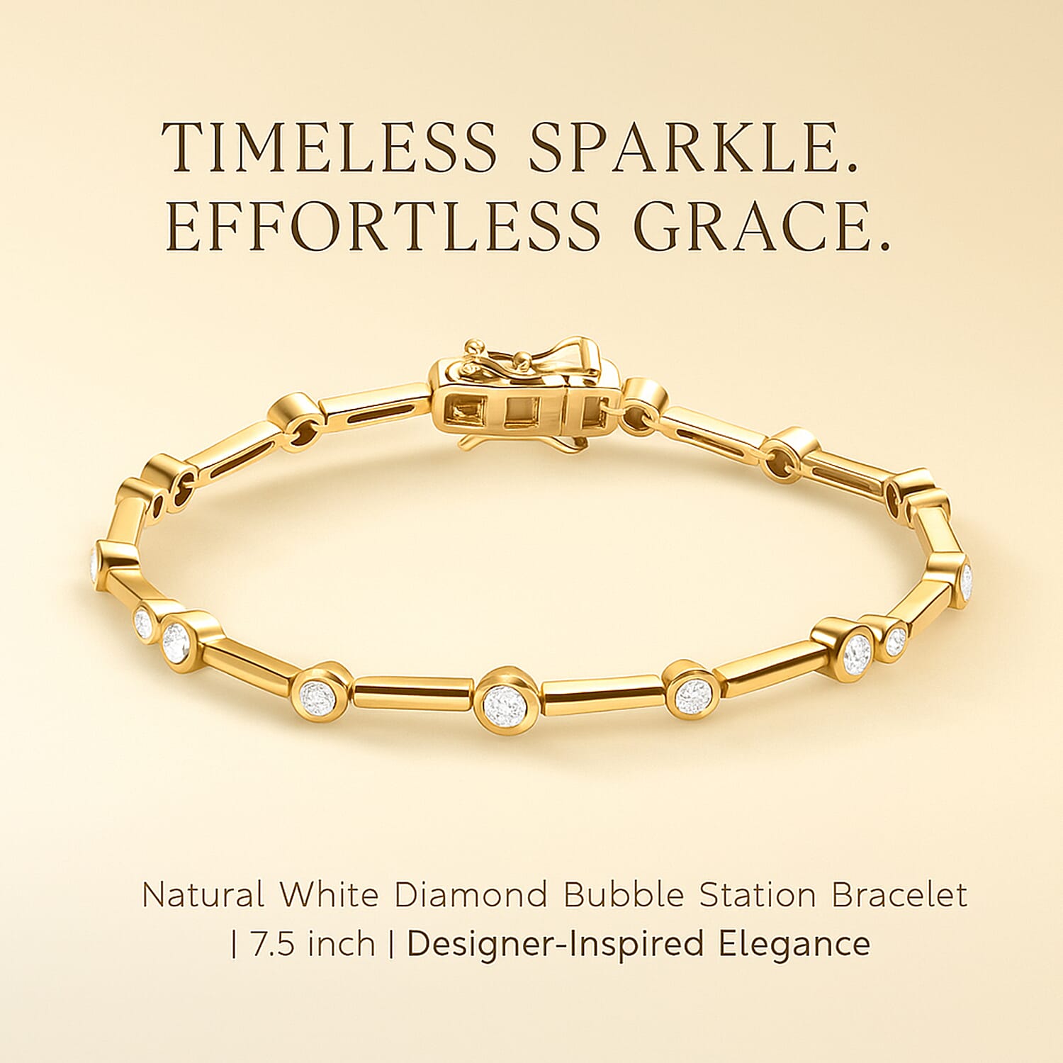 Natural White Diamond Bubble Station Bracelet (Size 7.5) in Yellow Gold Plated with GB Lock Box