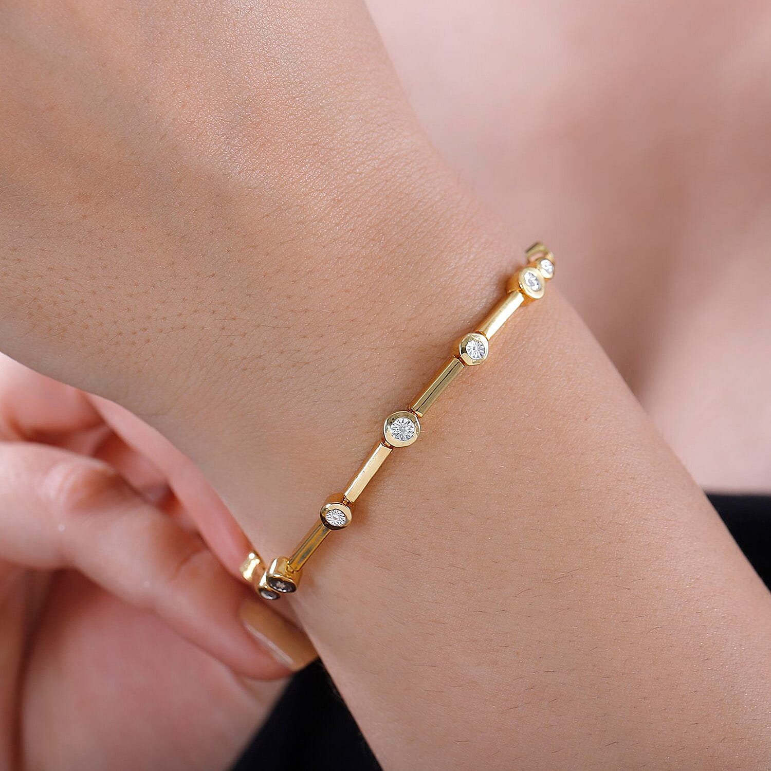Natural White Diamond Bubble Station Bracelet (Size 7.5) in Yellow Gold Plated with GB Lock Box