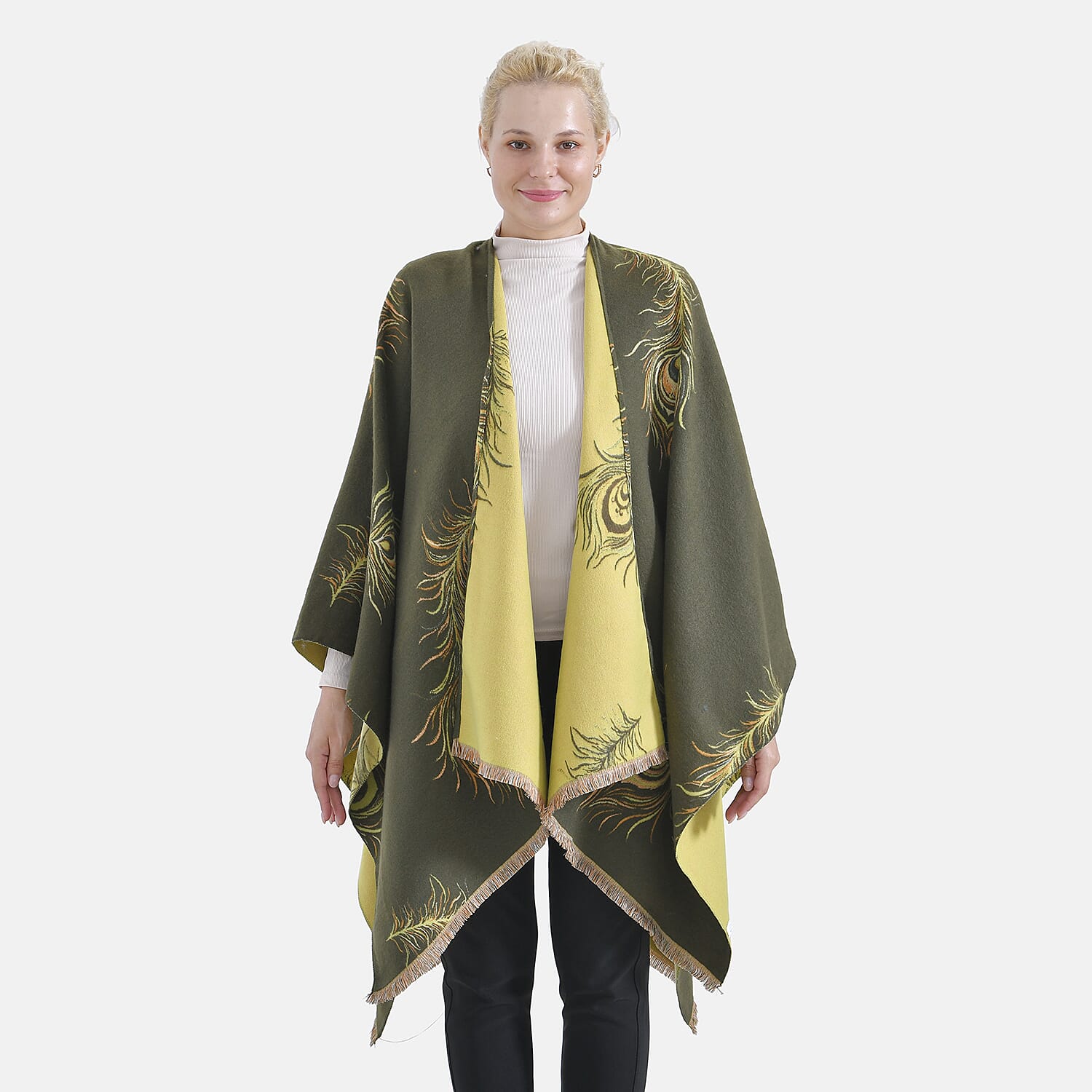 The Most Sumptuous Scarf at TJC - Super Soft Peacock Feather Print Wrap-on - Olive Green