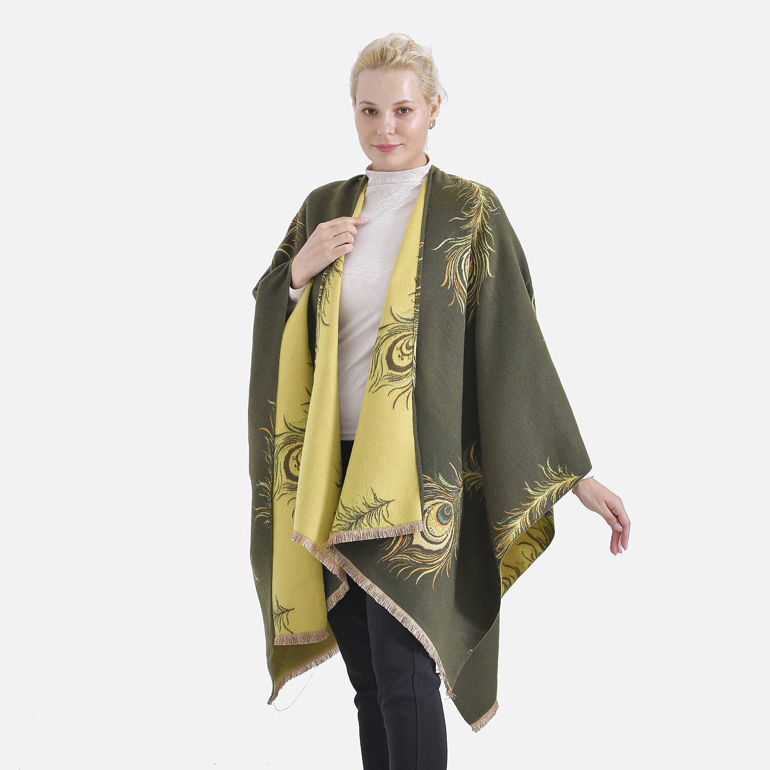 The Most Sumptuous Scarf at TJC - Super Soft Peacock Feather Print Wrap-on - Olive Green