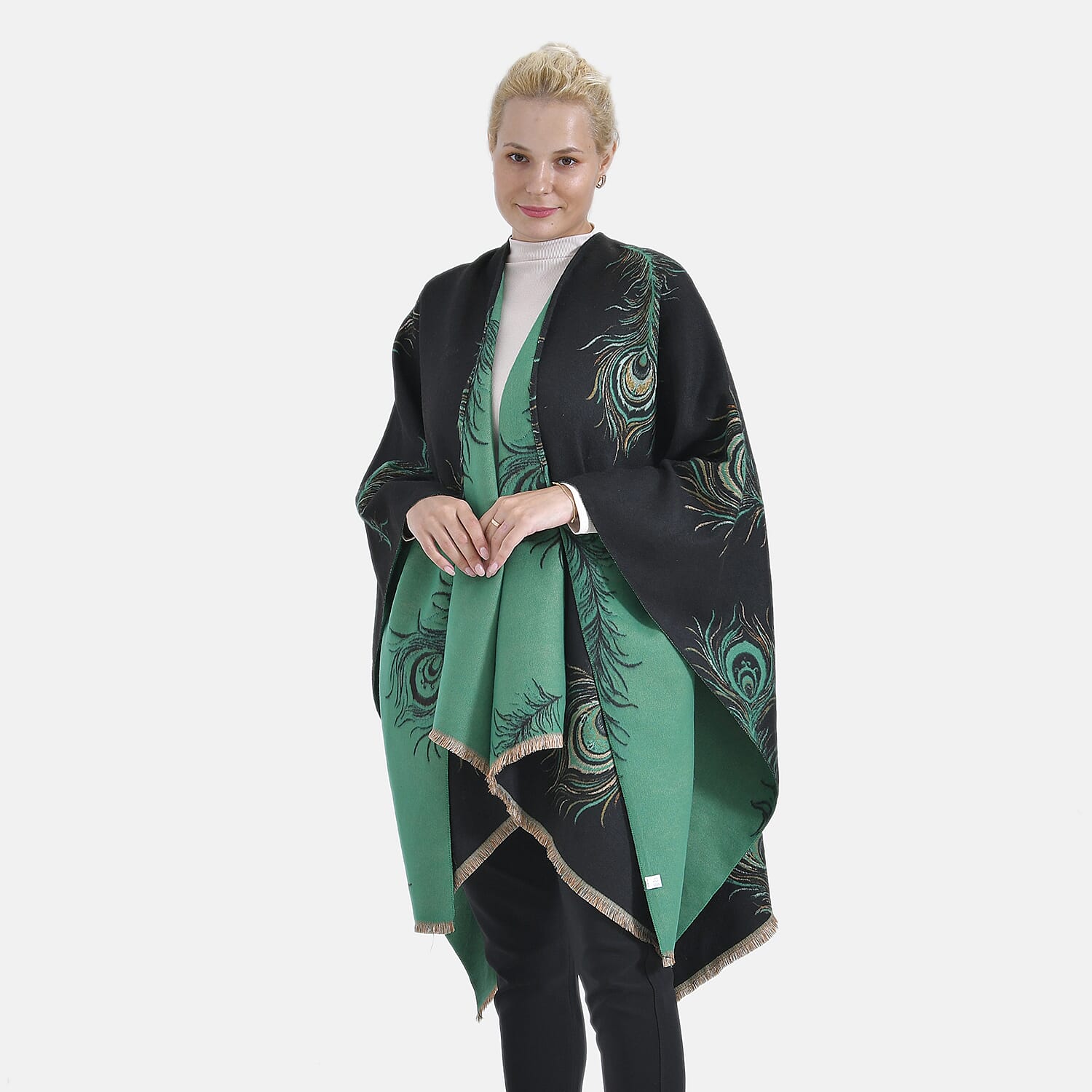 The Most Sumptuous Scarf at TJC - Super Soft Peacock Feather Print Wrap-on - Black