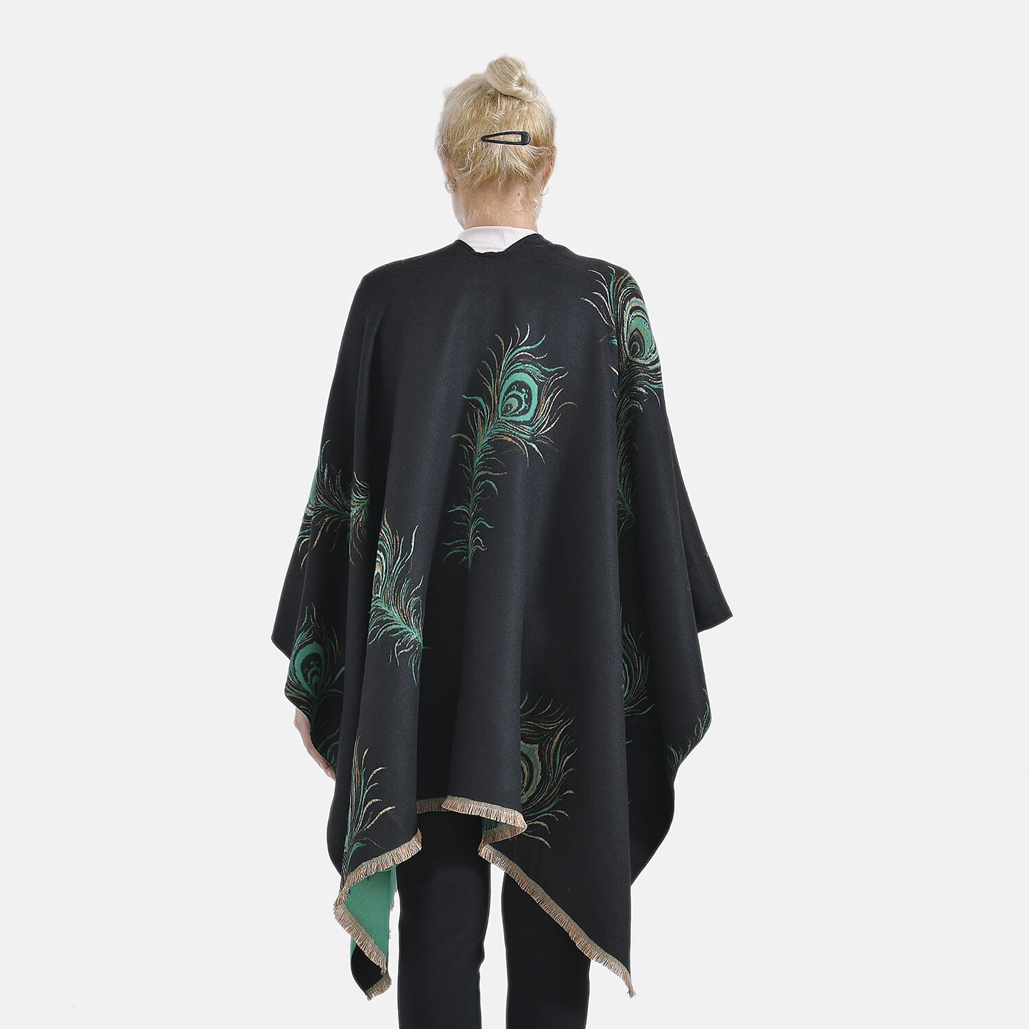 The Most Sumptuous Scarf at TJC - Super Soft Peacock Feather Print Wrap-on - Black