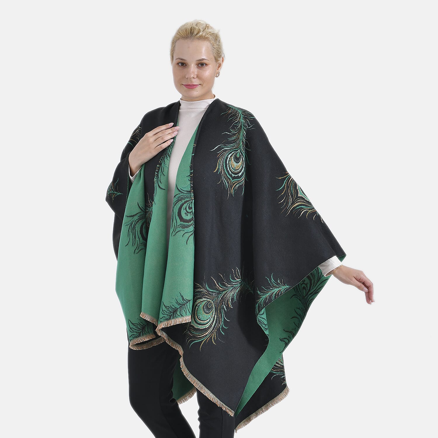 The Most Sumptuous Scarf at TJC - Super Soft Peacock Feather Print Wrap-on - Black