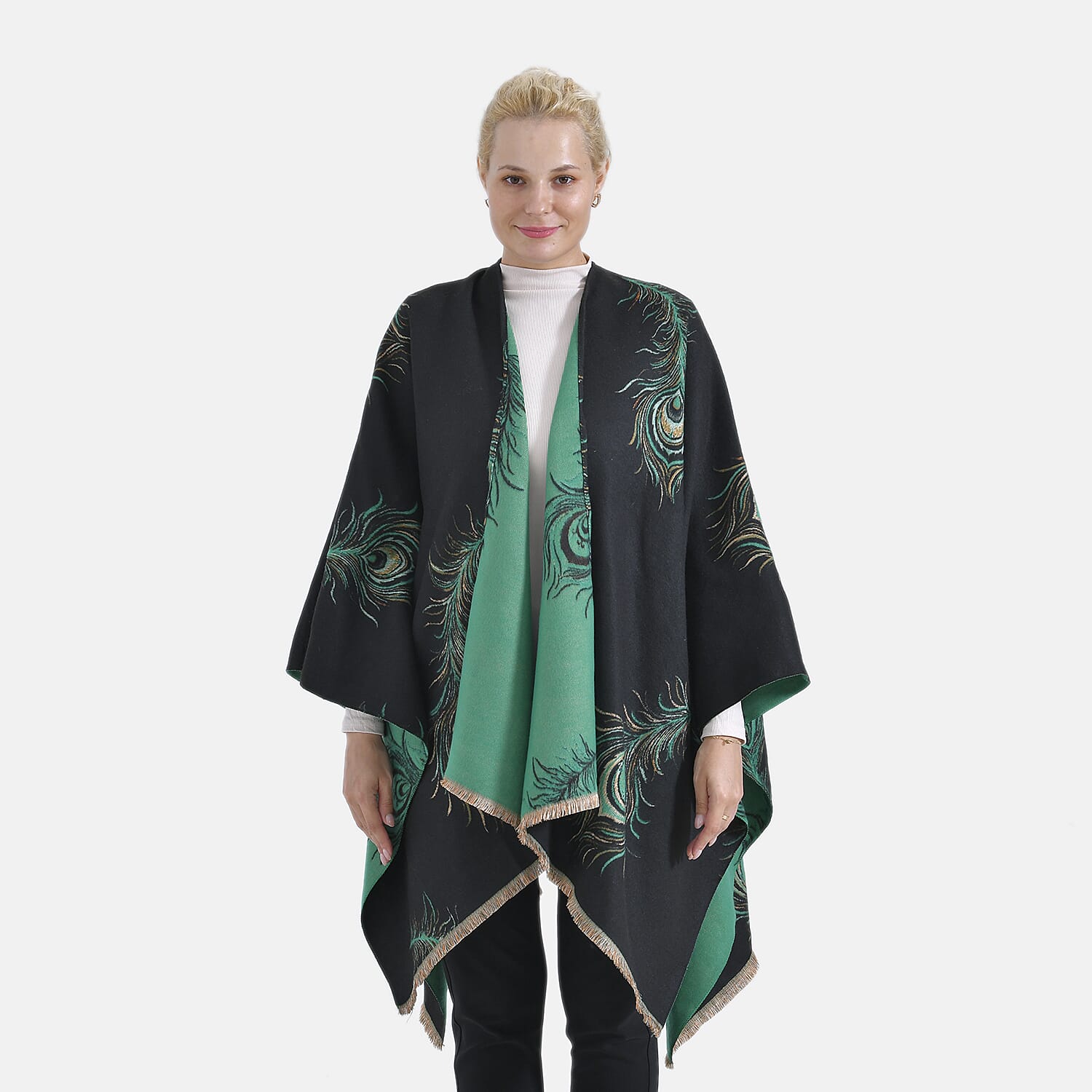 The Most Sumptuous Scarf at TJC - Super Soft Peacock Feather Print Wrap-on - Black