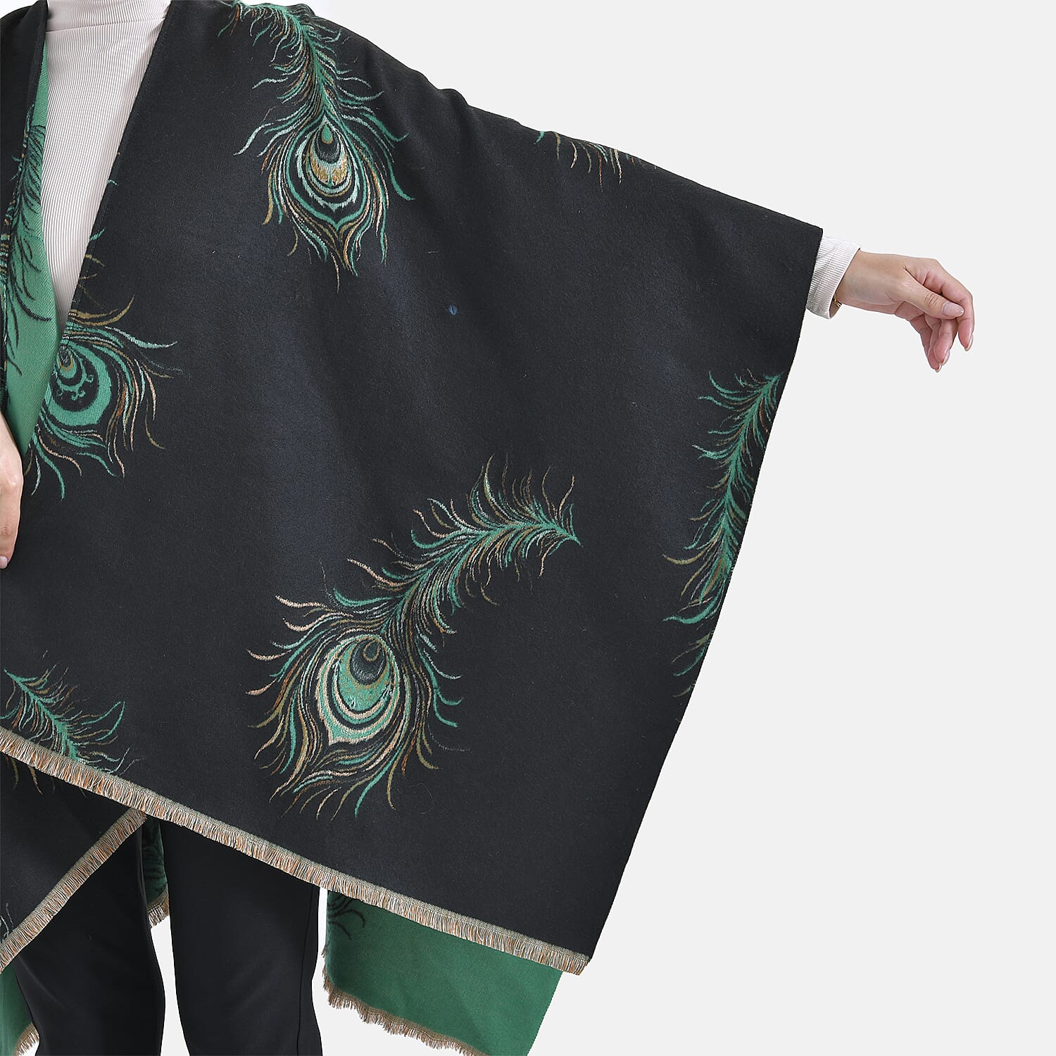 The Most Sumptuous Scarf at TJC - Super Soft Peacock Feather Print Wrap-on - Black