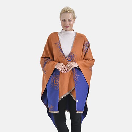 Closeout Deal Super Soft Peacock Feather Print Shawl - Orange