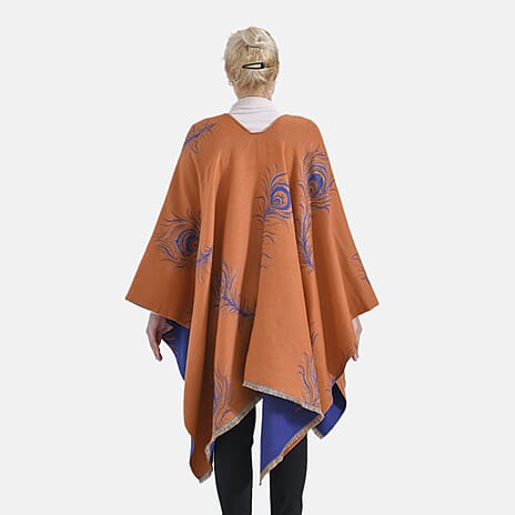 Closeout Deal Super Soft Peacock Feather Print Shawl - Orange
