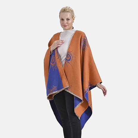 Closeout Deal Super Soft Peacock Feather Print Shawl - Orange