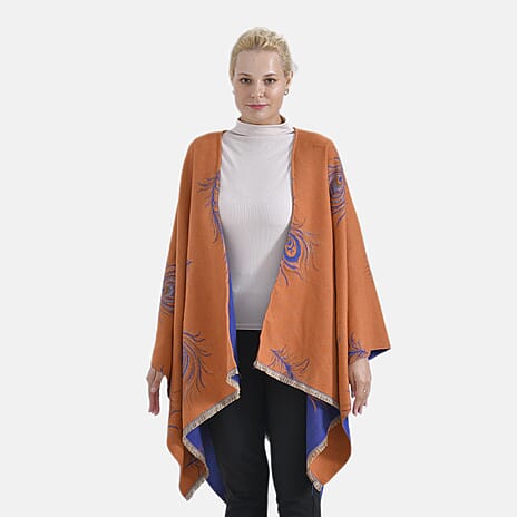 Closeout Deal Super Soft Peacock Feather Print Shawl - Orange