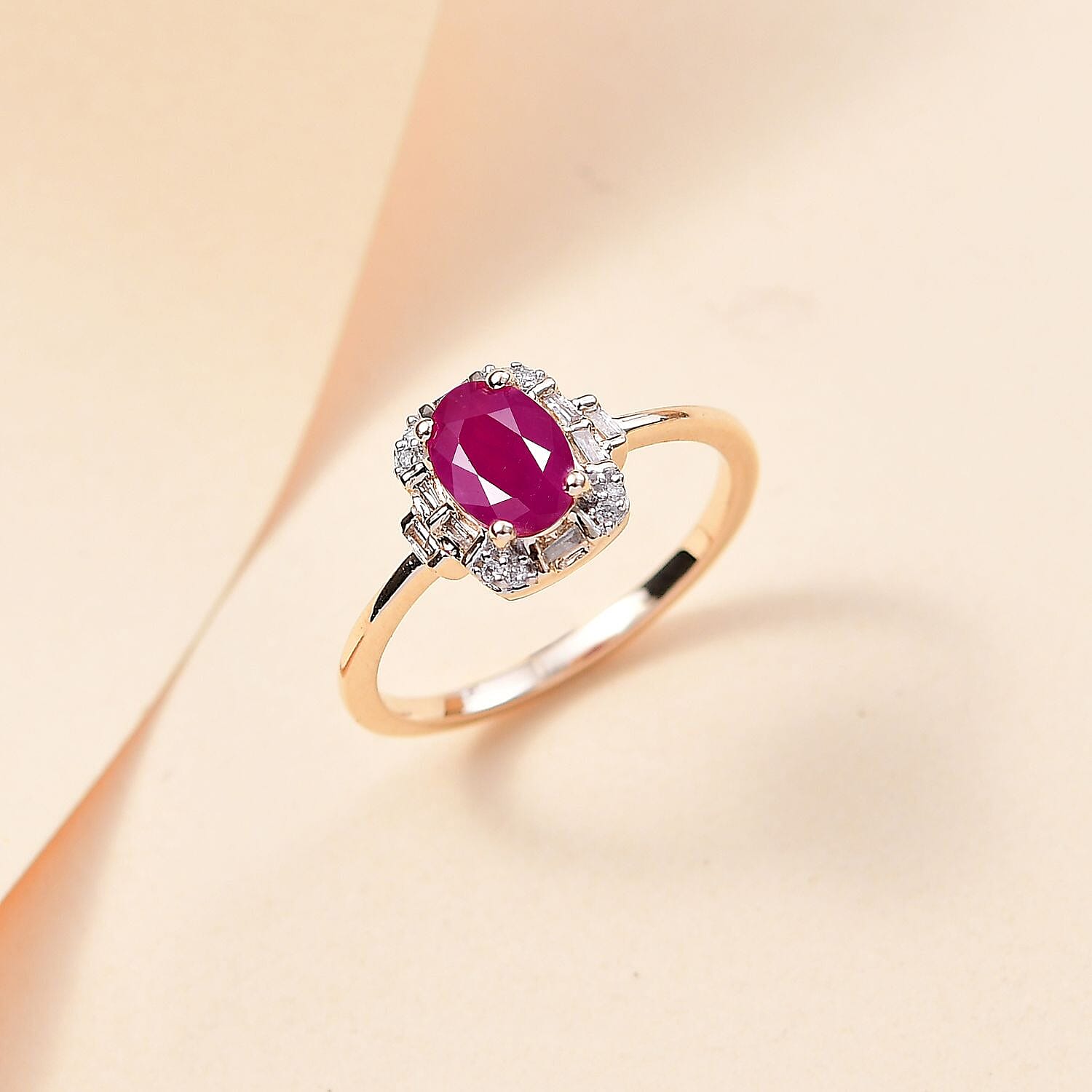 9K Yellow Gold AA Taveta Ruby, White Diamond Ring 1.19 Ct.