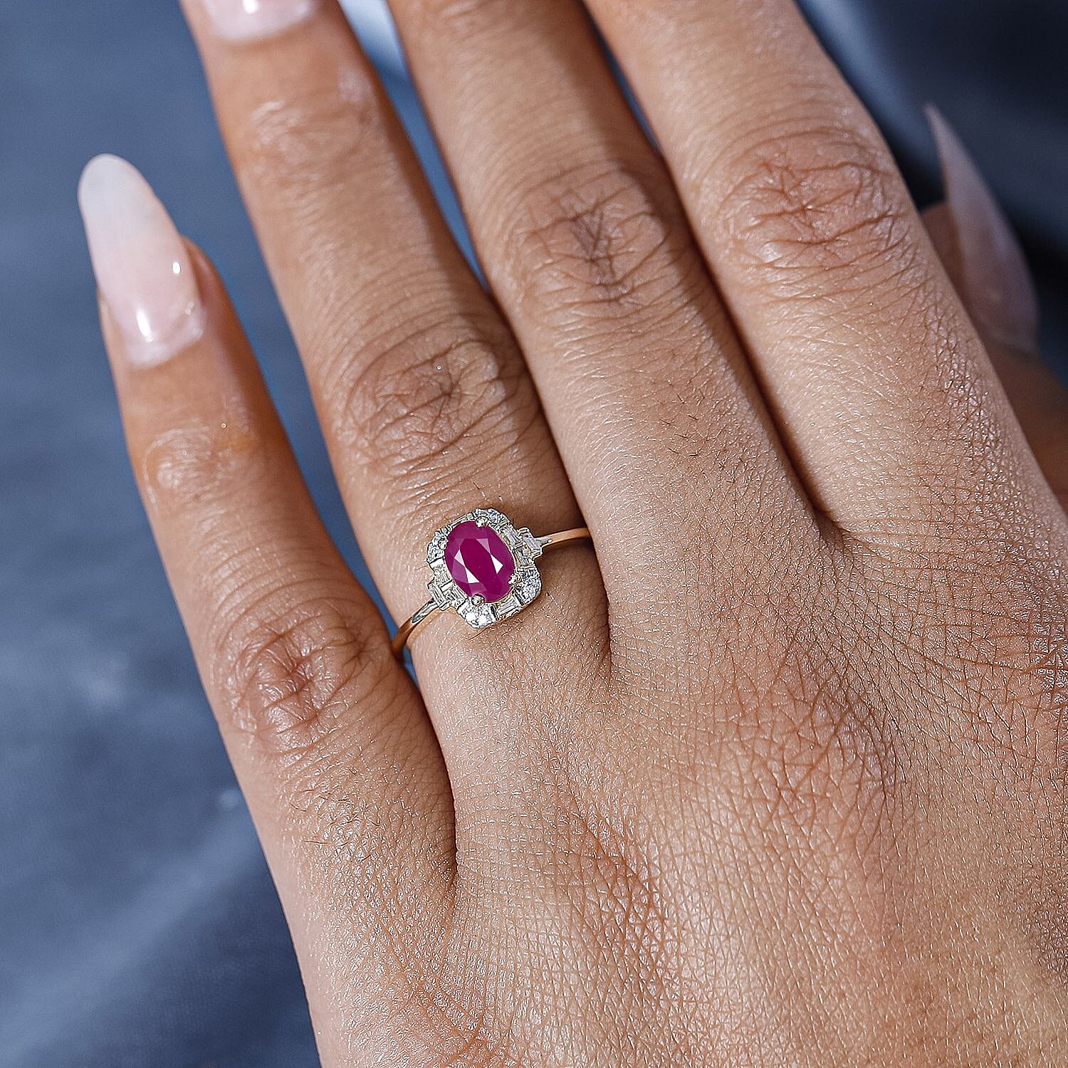 9K Yellow Gold AA Taveta Ruby, White Diamond Ring 1.19 Ct.