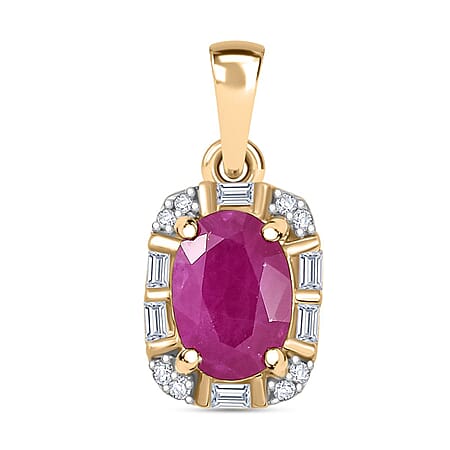 9K Yellow Gold AA Taveta Ruby, White Diamond Pendant 1.19 Ct.