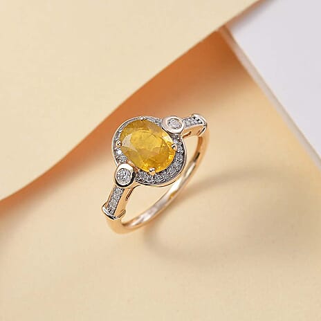 9K Yellow Gold AA Yellow Sapphire, Moissanite Halo Ring 1.91 Ct