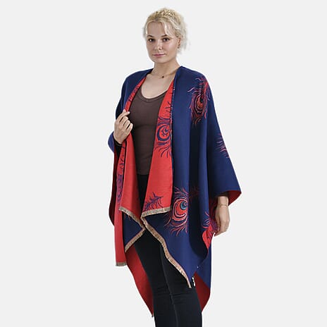 Closeout Deal Super Soft Peacock Feather Print Shawl - Dark Blue