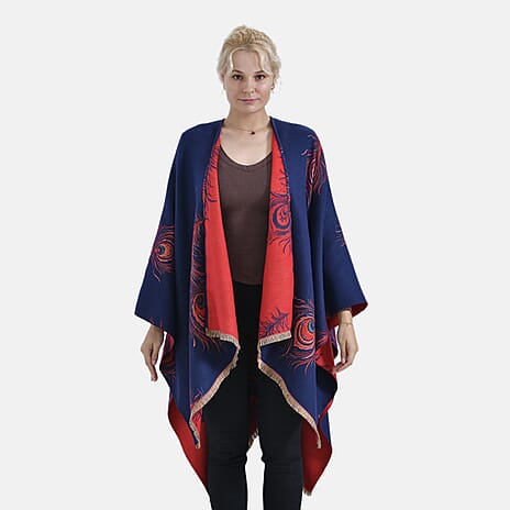 Closeout Deal Super Soft Peacock Feather Print Shawl - Dark Blue