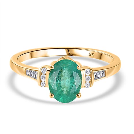 9K Yellow Gold AAA Zambian Emerald & White Diamond Ring 1.21 Ct.