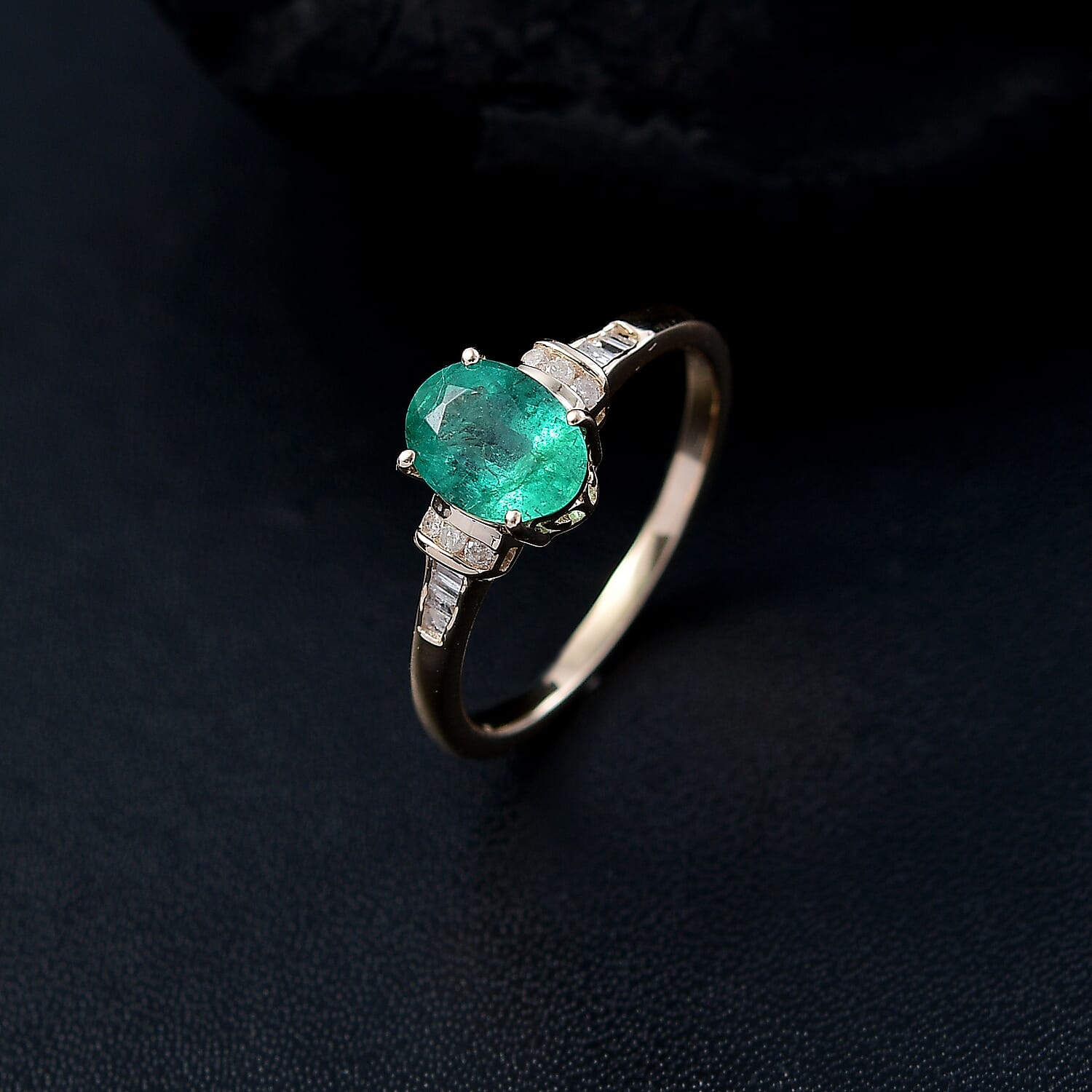 9K Yellow Gold AAA Zambian Emerald & White Diamond Ring 1.21 Ct.