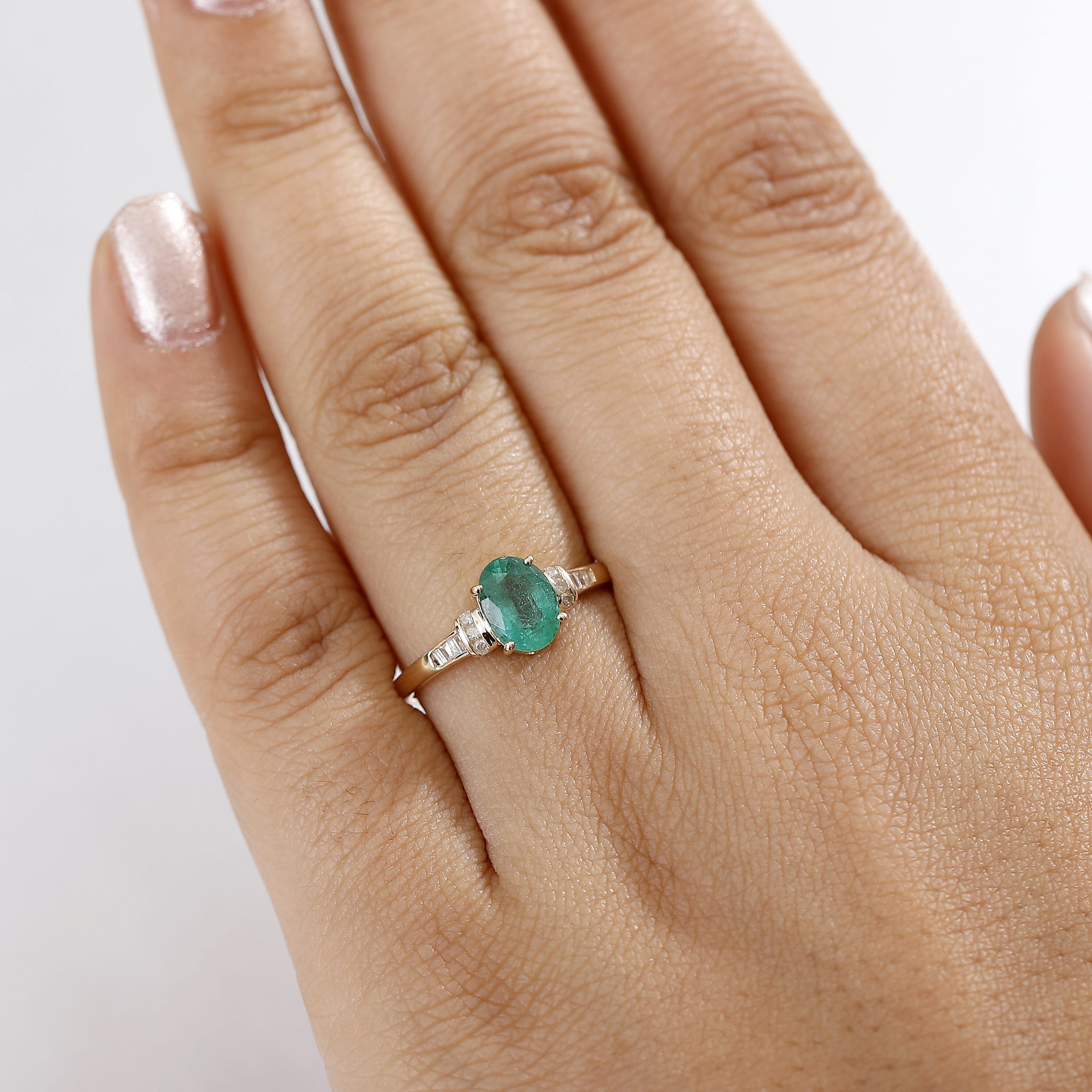 9K Yellow Gold AAA Zambian Emerald & White Diamond Ring 1.21 Ct.