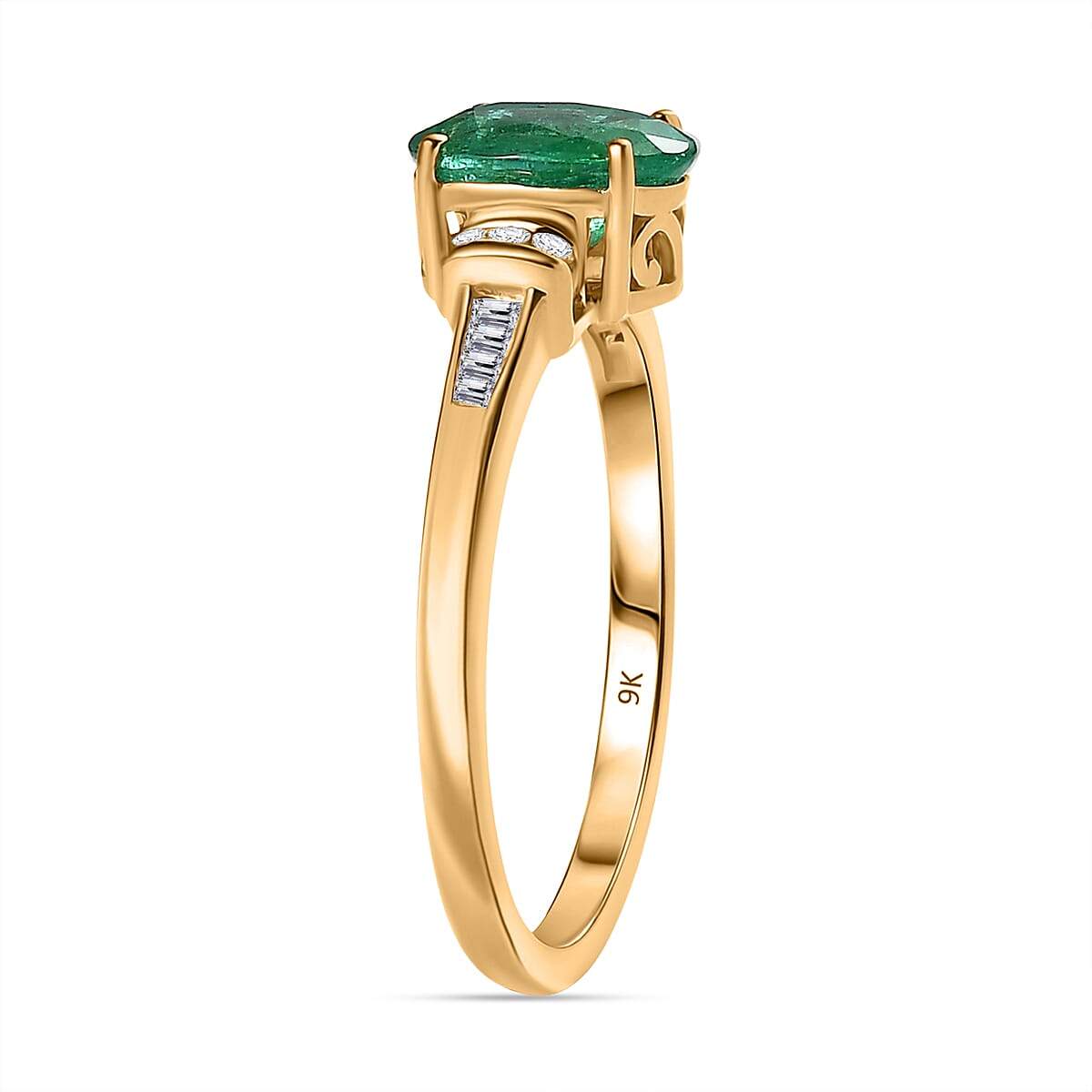 9K Yellow Gold AAA Zambian Emerald & White Diamond Ring 1.21 Ct.
