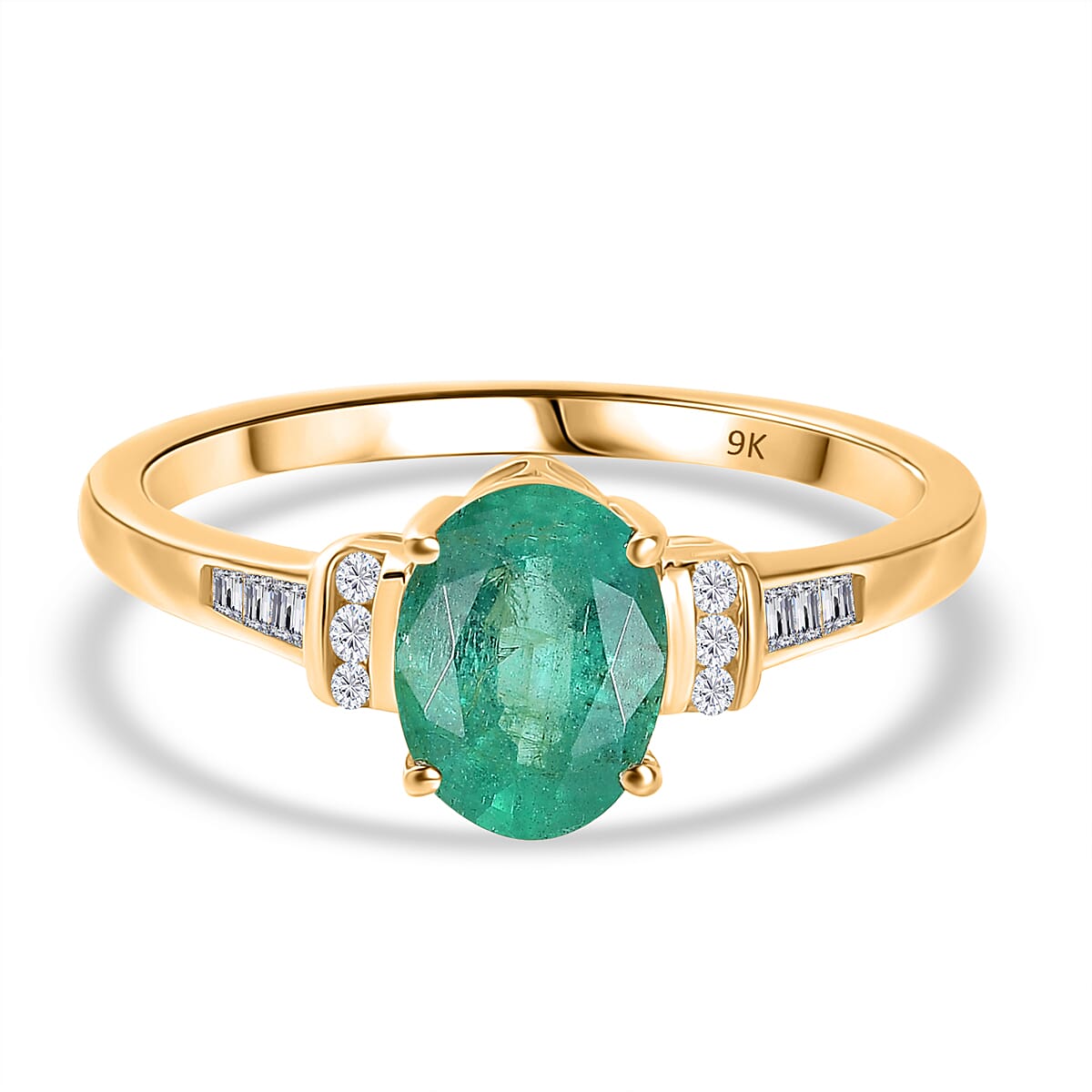 9K Yellow Gold AAA Zambian Emerald & White Diamond Ring 1.21 Ct.