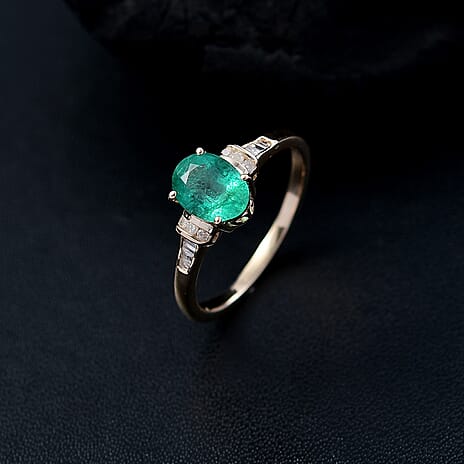9K Yellow Gold AAA Zambian Emerald & White Diamond Ring 1.21 Ct.
