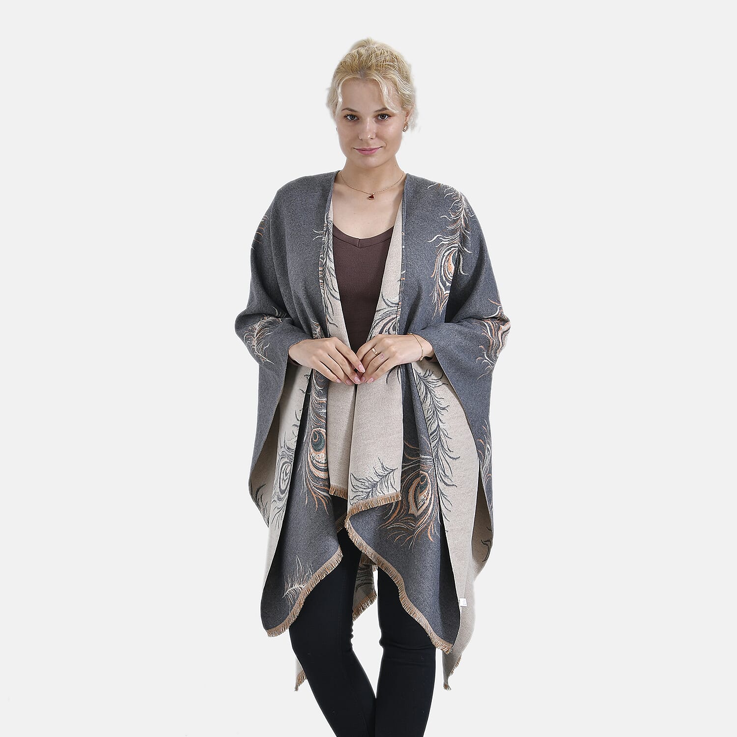 The Most Sumptuous Scarf at TJC - Super Soft Peacock Feather Print Wrap-on - Grey