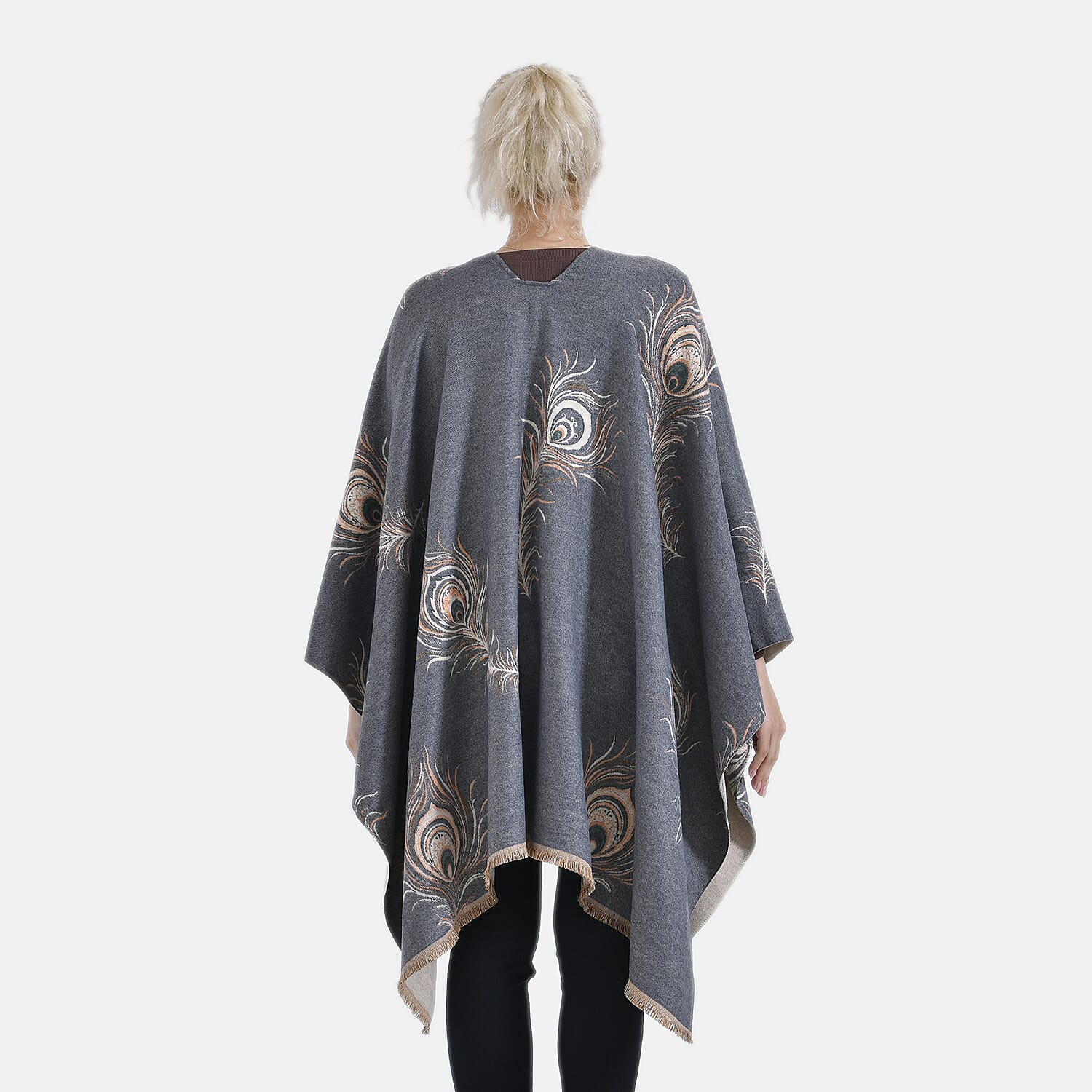 The Most Sumptuous Scarf at TJC - Super Soft Peacock Feather Print Wrap-on - Grey
