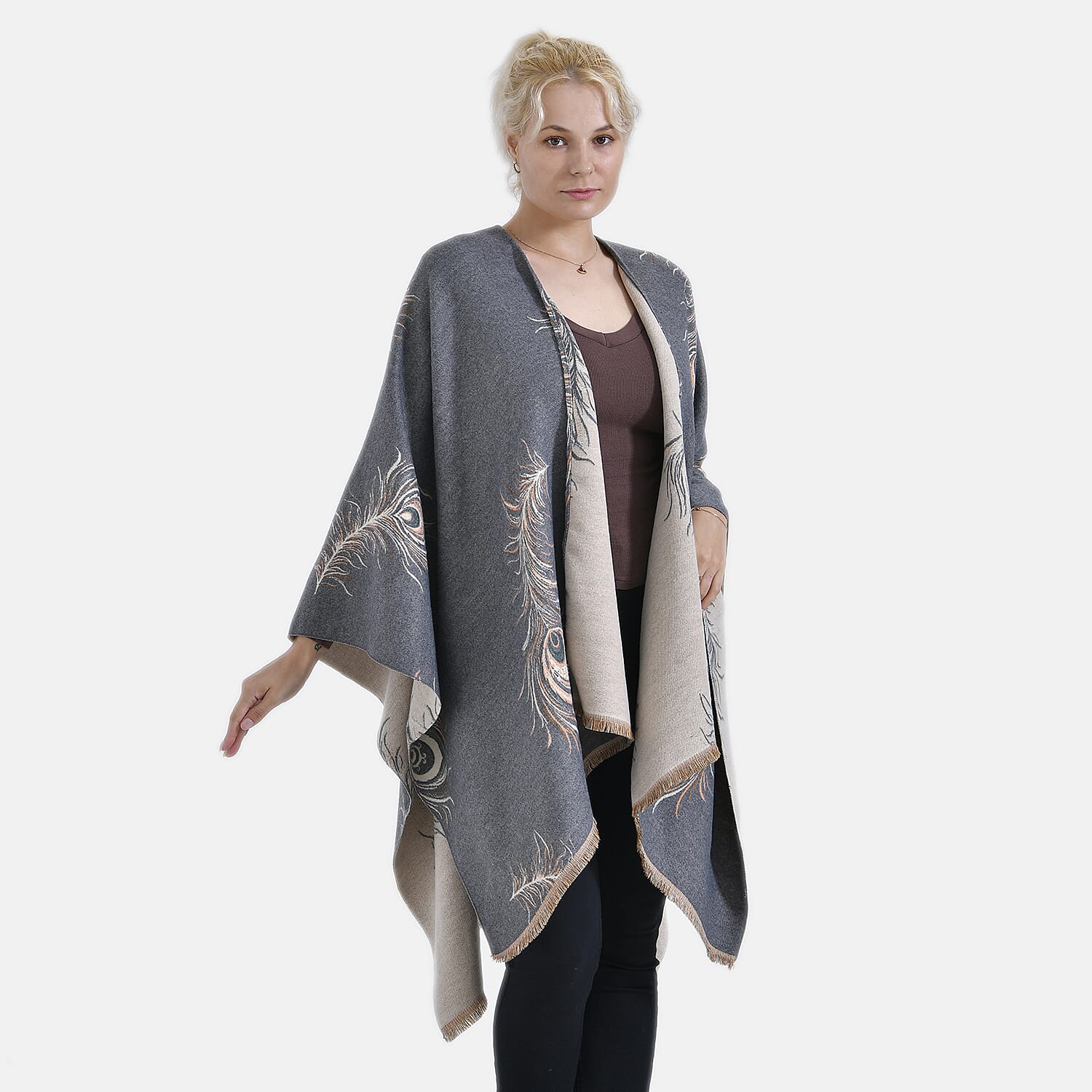 The Most Sumptuous Scarf at TJC - Super Soft Peacock Feather Print Wrap-on - Grey