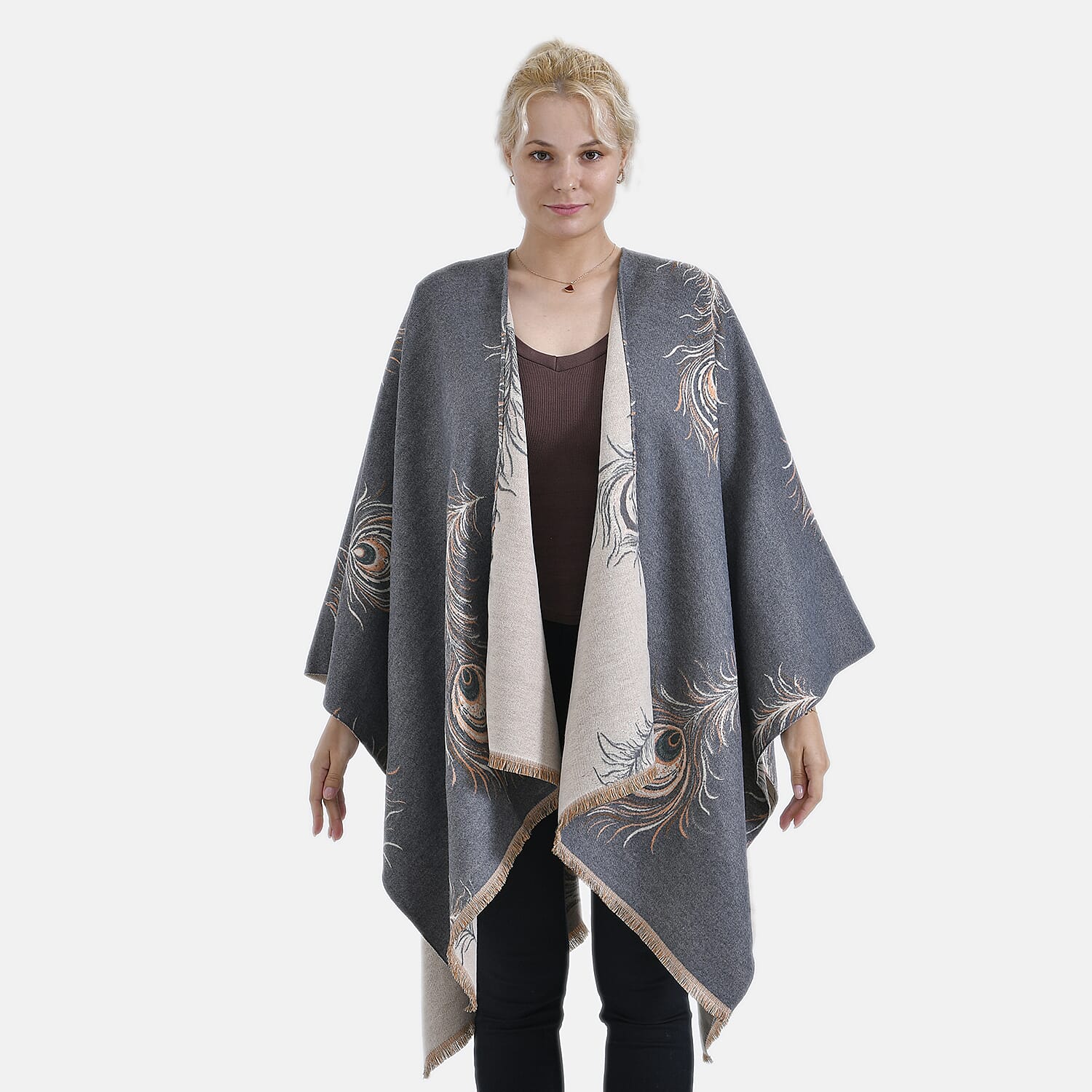 The Most Sumptuous Scarf at TJC - Super Soft Peacock Feather Print Wrap-on - Grey